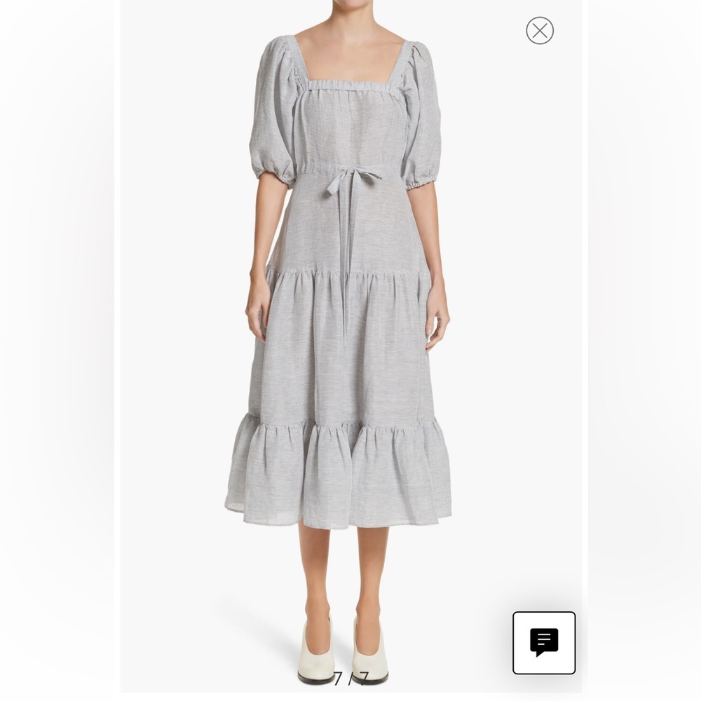 CO Puff Sleeve Stripe Linen & Silk Tiered Midi Dress